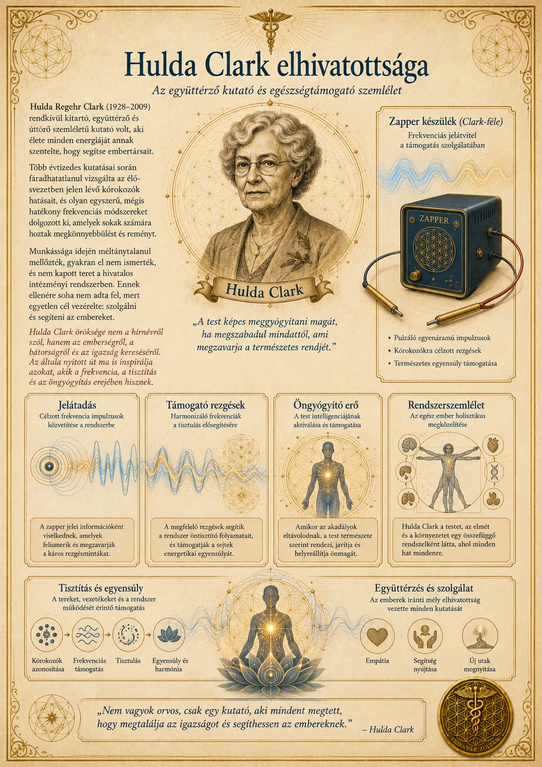 Hulda Clark munkásságát és a frekvenciás jelátvitelt bemutató infografika.