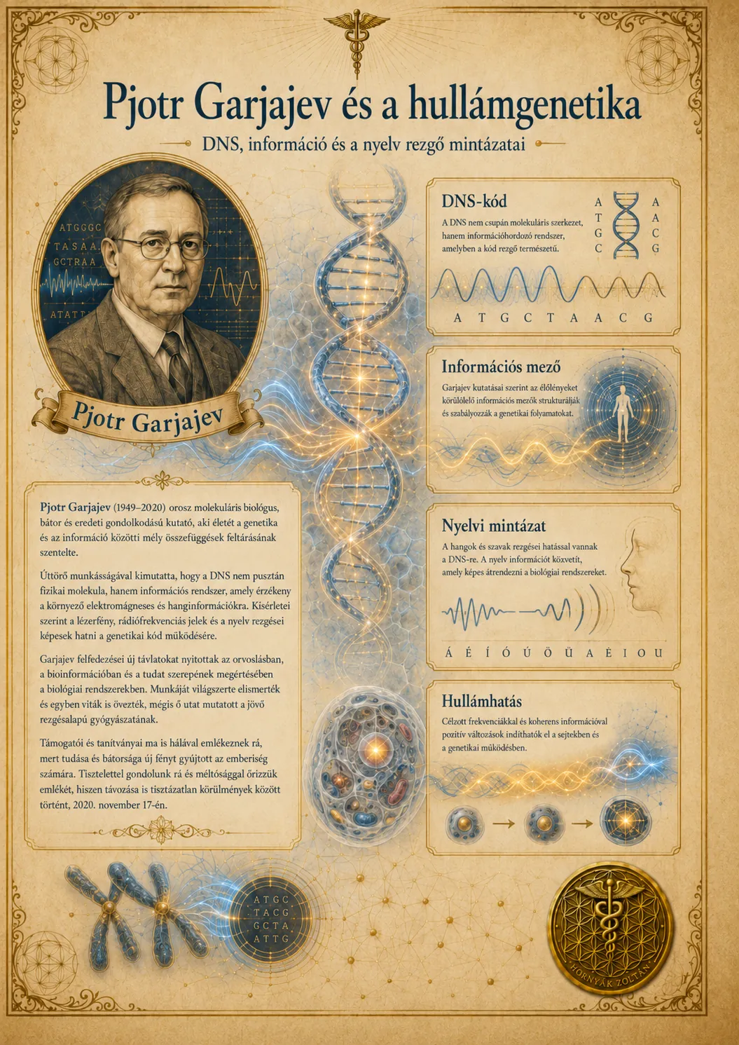 Pjotr Garjajev és a hullámgenetika infografikája.
